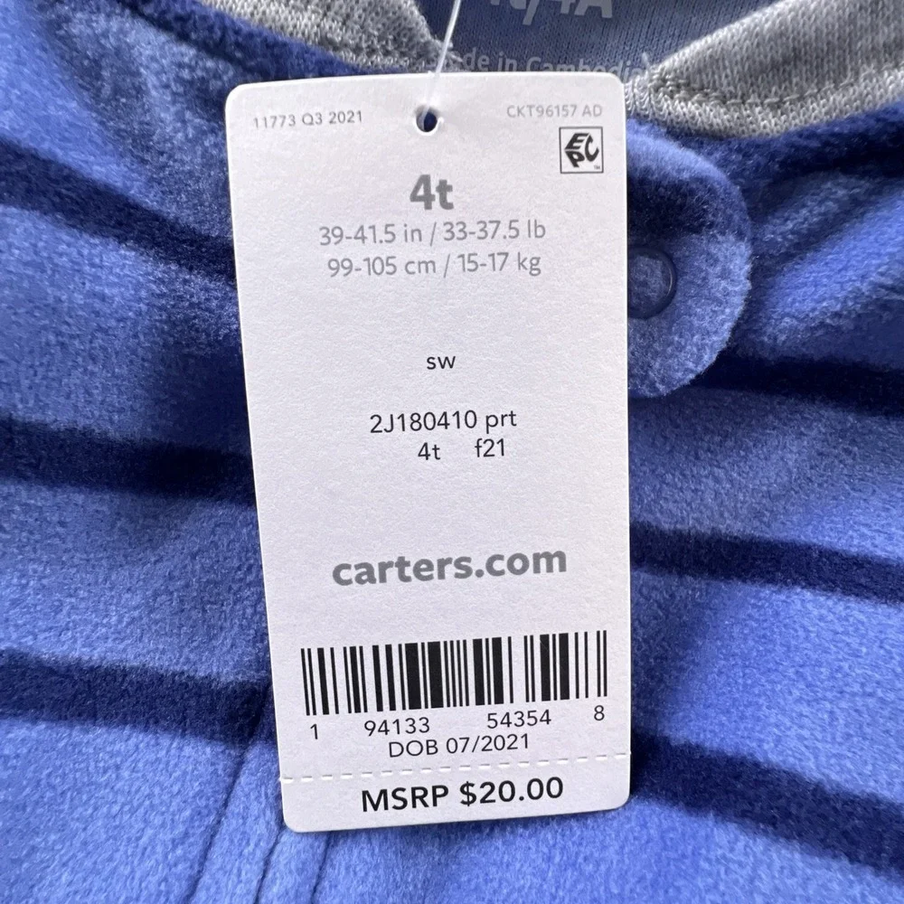 Carter's One Piece Footed Pajamas Blue Stripe Embroidered Dump Truck Boys 4T NWT